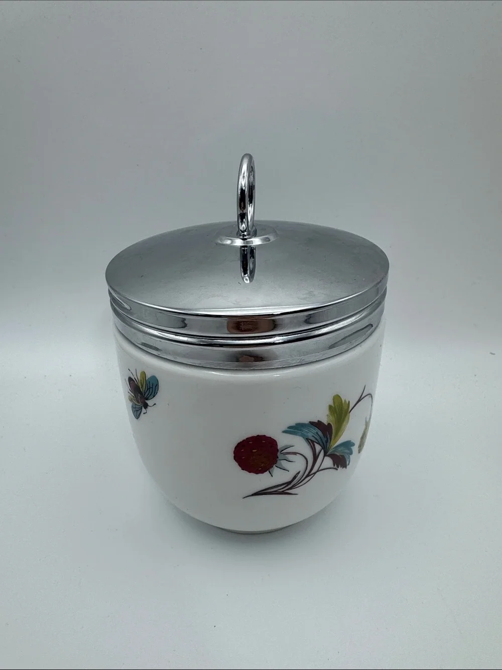 Royal Worcester White Porcelain Lidded Jar with Fruit and Floral Accents 4”